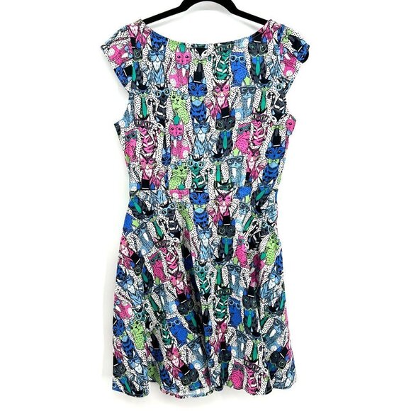 AYLI Pink Blue Novelty Cat Print Cap Sleeve Lightweight Mini Dress Size Medium - Picture 2 of 6